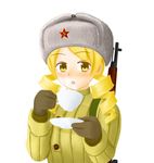  blonde_hair communism cup drill_hair drinking fur_hat gun hammer_and_sickle hat mahou_shoujo_madoka_magica military military_uniform open_mouth plain_background rifle soviet tea teacup tomoe_mami uniform ushanka weapon world_war_ii yellow_eyes 