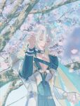  1boy :d antenna_hair armor atalkingdonut black_choker black_gloves black_shirt blue_eyes cherry_blossoms choker coat commentary english_commentary falling_petals fingerless_gloves gloves highres honkai:_star_rail honkai_(series) looking_at_viewer male_focus parted_bangs pauldrons petals phainon_(honkai:_star_rail) shirt short_hair shoulder_armor single_glove single_pauldron smile solo white_coat white_hair 
