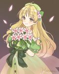  1girl ahoge atelier_(series) atelier_ayesha ayesha_altugle blonde_hair bouquet closed_mouth commentary_request dress falling_petals green_dress hanachocolate30 highres holding holding_bouquet long_hair looking_at_viewer petals pink_petals smile solo standing yellow_eyes 