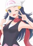  1girl aoneko4ao_(edwf7745) beanie black_shirt blue_eyes blue_hair bracelet commentary_request dawn_(pokemon) hat highres jewelry long_hair one_eye_closed pink_skirt pokemon pokemon_dppt red_scarf scarf shirt skirt smile solo v watermark white_background 
