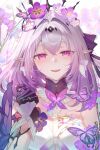  1girl black_tiara bright_pupils bug butterfly castorice_(honkai:_star_rail) dress flower gloves hand_up highres honkai:_star_rail honkai_(series) long_hair looking_at_viewer parted_lips pointy_ears purple_butterfly purple_eyes purple_flower purple_gloves purple_hair signature smile solo teeth tiara ttorong upper_teeth_only white_dress white_pupils 