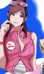  1boy 1girl ace_attorney alternate_costume amikoiiko apollo_justice:_ace_attorney badge blonde_hair blue_background blue_eyes breast_pocket brown_hair button_badge copyright_name cropped cropped_arm dark-skinned_male dark_skin denim dress_shirt ema_skye eyewear_on_head fingernails food half_updo hand_on_own_knee highres holding holding_food initial jeans karintou klavier_gavin light_smile long_hair long_sleeves looking_at_viewer middle_ring mismatched_eyebrows pants partially_unbuttoned pink_background pink_shirt pocket shirt simple_background skirt sleeveless sleeveless_shirt sternocleidomastoid_muscle sunglasses three-toned_background tinted_eyewear watch white_background white_shirt white_skirt wristwatch 