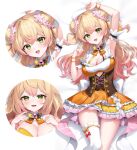  1girl arm_garter arm_up armpits bare_shoulders blonde_hair bow bowtie breasts cleavage cleavage_cutout clothing_cutout dakimakura_(medium) double_bun dress fang flower frilled_dress frilled_thighhighs frills gradient_hair green_eyes hair_bun hair_flower hair_ornament hand_up highres hololive large_breasts lethe_(lethe187) long_hair looking_at_viewer lying medium_breasts momosuzu_nene multicolored_hair on_back open_mouth orange_dress single_thighhigh sleeveless sleeveless_dress smile solo thighhighs two_side_up underboob_cutout underbust virtual_youtuber white_thighhighs 