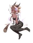  1girl binghaiankang blood blood_from_eyes breasts broken_mask brown_hair cleavage club_(weapon) colored_extremities colored_skin corruption direidyth_(genshin_impact) flower genshin_impact hair_flower hair_ornament highres hilichurl_(genshin_impact) long_hair looking_at_viewer mask medium_breasts multicolored_skin navel nude purple_eyes simple_background sitting spoilers toes wariza weapon white_background white_flower 