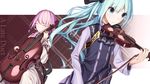  alternate_costume ascot atha_(leejuiping) bangs black_neckwear blue_eyes blue_hair blunt_bangs braid closed_eyes closed_mouth double_bass eyebrows_visible_through_hair hair_over_shoulder hairband hatsune_miku highres instrument juliet_sleeves long_hair long_sleeves megurine_luka multiple_girls music pink_hair plaid plaid_background playing_instrument puffy_sleeves single_braid sitting sleeve_cuffs smile twintails upper_body violin violin_bow vocaloid wallpaper 