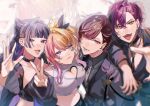  2boys 2girls :3 :d ahoge arm_on_another&#039;s_shoulder arm_up belt belt_buckle black_belt black_choker black_hair black_jacket black_nails black_ribbon black_shirt black_shrug blonde_hair blue_eyes blunt_bangs blush braid breasts buckle choker cleavage closed_mouth clothing_cutout collarbone commentary crop_top crossed_bangs doppio_dropscythe earrings eyebrow_piercing eyelashes face_piercing fangs fingernails gradient_hair grey_hair grey_shirt hair_between_eyes hair_intakes hair_ribbon hand_up heart_cutout high_ponytail highres jacket jewelry kaburagi_(pnoir087) kotoka_torahime lapels large_breasts long_fingernails long_hair long_sleeves looking_at_viewer lower_teeth_only meloco_kyoran midriff multicolored_hair multiple_boys multiple_girls nail_polish navel necktie nijisanji nijisanji_en off_shoulder open_clothes open_jacket open_mouth parted_bangs piercing pink_hair ponytail purple_eyes purple_hair purple_nails red_eyes red_hair ribbon shirt short_hair shrug_(clothing) sleeveless sleeveless_shirt smile stomach streaked_hair symbol-only_commentary teeth upper_teeth_only v v-shaped_eyebrows ver_vermillion very_long_hair virtual_youtuber white_background white_necktie white_shirt wing_collar xsoleil yellow_eyes zoom_layer 