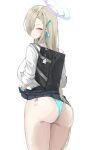  1girl absurdres ass asuna_(blue_archive) asuna_(school_uniform)_(blue_archive) bag black_bag black_skirt blonde_hair blue_archive blue_eyes blue_halo blue_panties blue_ribbon blue_scrunchie blush bow breasts condom eyes_visible_through_hair from_behind from_side grin hair_over_one_eye hair_ribbon halo highres holding holding_bag large_breasts long_hair looking_at_viewer miz_blank official_alternate_costume open_mouth panties pleated_skirt ribbon scrunchie shirt skirt smile solo teeth underwear used_condom very_long_hair white_shirt wrist_scrunchie 
