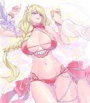  2girls arm_up assault_lily bangle bare_arms bare_shoulders bikini blonde_hair blunt_bangs bow bow_bikini bracelet braid breasts breasts_apart choker collarbone commentary_request female_pov fingernails flower gem grey_hair groin hair_over_shoulder halterneck hand_up highres holding_hands jewelry kon_kanaho large_breasts long_hair long_sleeves looking_at_viewer low-braided_long_hair low-tied_long_hair lying mila_(yuta27315) miyagawa_takane multi-strapped_bikini_bottom multiple_girls nail_polish navel official_alternate_costume official_alternate_hairstyle on_back parted_lips partially_submerged pearl_(gemstone) pearl_bracelet pearl_hair_ornament pov pov_hands purple_eyes red_bikini red_bow red_choker ring see-through_clothes see-through_shirt see-through_sleeves shallow_water shirt single_braid smile solo_focus stomach swimsuit thigh_gap thigh_strap very_long_hair water wet white_background white_flower yellow_nails yuri 