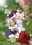  animal_ears bare_shoulders black_hair blush breast_poke cheek_licking danna_(karatekikku) detached_sleeves face_licking fang forest hat hat_ribbon inubashiri_momiji kneeling lens_flare licking long_sleeves multiple_girls nature necktie one_eye_closed open_mouth poking purple_eyes ribbon shameimaru_aya shirt short_sleeves silver_hair skirt sunlight tokin_hat tongue tongue_out touhou tree wide_sleeves wince wolf_ears yellow_eyes yuri 