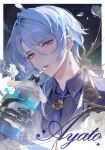  1boy absurdres black_gloves blue_background blue_hair blue_necktie blue_shirt border character_name collared_shirt commentary_request cup disposable_cup drinking_straw earrings emong genshin_impact gloves hair_between_eyes highres holding holding_cup jewelry kamisato_ayato looking_at_viewer male_focus necktie outside_border parted_lips portrait purple_eyes shirt short_hair solo watermark white_border wing_collar 