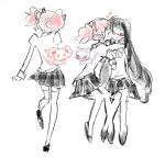  2girls akemi_homura animalization cat ch3cake closed_eyes couple dog highres hug invisible_chair kaname_madoka kiss long_hair mahou_shoujo_madoka_magica mahou_shoujo_madoka_magica_(anime) mitakihara_school_uniform multiple_girls person_and_animalization pink_hair puffy_sleeves red-framed_eyewear school_uniform short_twintails sitting spot_color standing standing_on_one_leg thighhighs twintails yuri 