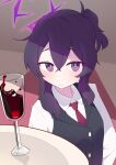  1girl absurdres alcohol black_vest blue_archive blush brown_background buttons closed_mouth collared_shirt commentary crossed_bangs cup double-parted_bangs drinking_glass furrowed_brow hair_between_eyes halo haruka_(blue_archive) haruka_(suit)_(blue_archive) highres lcz light_smile long_sleeves looking_at_viewer medium_hair necktie official_alternate_costume official_alternate_hairstyle ponytail purple_eyes purple_hair purple_halo purple_pupils red_necktie shirt short_ponytail sidelocks simple_background solo split_mouth symbol-only_commentary tray upper_body vest white_shirt wine wine_glass 