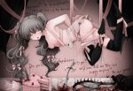  bear_trap black_thighhighs blood bow bra breasts butter_knife cake english_text food grey_eyes grey_hair hair_bow hanging highres nude open_mouth pink_skirt ribbon skirt thighhighs tongue tongue_out twintails underwear yumeko_(devilxkid) 