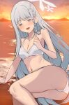  1girl absurdres bare_arms bare_shoulders bikini blue_archive blush braid breasts cleavage highres looking_at_viewer lying mi_taro333 nagusa_(blue_archive) nagusa_(swimsuit)_(blue_archive) navel ocean official_alternate_costume official_alternate_hairstyle on_side open_mouth single_braid solo sunset swimsuit white_bikini white_eyes white_hair 