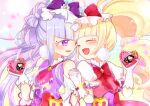  2girls ^_^ aihira_(aihira12) aisaki_emiru apron ascot bag_bow bare_shoulders blonde_hair blue_hat blunt_bangs bow bow-shaped_hair bowtie closed_eyes clothing_cutout collared_shirt colorful_background corset cowboy_shot crying crying_with_eyes_open cure_amour cure_macherie diamond_brooch dress drill_hair earrings frilled_apron frilled_headwear frilled_shirt_collar frilled_sleeves frills gloves happy happy_tears hat hat_bow high_collar holding holding_hands holding_toy hugtto!_precure interlocked_fingers jewelry large_earrings light_blush light_particles long_hair looking_at_another magical_girl makeup mascara mini_hat multiple_girls open_mouth pinafore_dress pink_ascot pink_bow pink_gloves pom_pom_(clothes) pom_pom_earrings precure puffy_short_sleeves puffy_sleeves purple_bow purple_dress purple_eyes purple_hair red_bow red_bowtie red_corset red_dress ruru_amour shirt short_sleeves shoulder_cutout sleeveless sleeveless_dress smile sparkle tareme teardrop tears toy twin_drills twintails very_long_hair waist_bag white_gloves white_shirt wrist_bow yellow_bag yellow_brooch 
