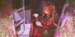  1girl absurdres blue_eyes blush bow bowtie capelet closed_mouth commentary cup dress green_bow green_bowtie highres holding holding_cup iinagi_(kashiwa_keira) long_sleeves open_window orange_hair ponytail red_dress rozen_maiden shinku sidelocks sitting smile solo window 