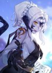  1girl au_ra black_dress black_gloves black_horns black_scales blue_skin braid breasts colored_skin cowboy_shot dress final_fantasy final_fantasy_xiv gloves grey_hair hair_intakes highres horns long_hair looking_at_viewer morisenlin parted_lips ponytail reaching reaching_towards_viewer scales sideboob sidelocks solo yellow_eyes 