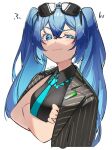  1girl black_jacket blue_eyes blue_hair crossed_arms dated eyewear_on_head hair_between_eyes hatsune_miku highres jacket kyu_(kemon_19) long_hair simple_background smile solo suit sunglasses twintails upper_body vocaloid white_background 