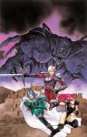  1girl 2boys alien animal_ears armor belt belt_pouch black_choker black_gloves black_leotard blonde_hair blue_eyes blue_hair blush boots box_art breastplate breasts bright_pupils cape cat_ears choker claws cleavage clenched_hand closed_mouth elbow_gloves fal_(phantasy_star) fighting_stance fingerless_gloves giant giant_monster gloves groin headband highleg highleg_leotard highres holding holding_sword holding_weapon leotard long_hair monster multiple_boys official_art outstretched_hand pauldrons phantasy_star phantasy_star_iv pink_hair pointy_ears ponytail pouch promotional_art rudy_ashure shoulder_armor sword thigh_boots thray_walsh weapon white_cape yoneda_hitoshi 