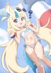  1girl ? animal_ear_fluff animal_ears arms_up bikini blonde_hair blue_eyes clenched_hands fins fish_tail highres indie_virtual_youtuber lighthouse lolitabear long_hair navel open_mouth outdoors sameko_saba side-tie_bikini_bottom smile solo stomach striped_bikini striped_clothes swimsuit tail thighs twintails virtual_youtuber 