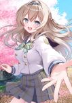  1girl absurdres blush bow bowtie cherry_blossoms falling_petals firefly_(honkai:_star_rail) firefly_(spring_missive)_(honkai:_star_rail) gradient_eyes green_bow green_bowtie green_pupils grey_hair grey_hairband grey_sailor_collar grey_skirt hair_between_eyes hair_intakes hairband highres honkai:_star_rail honkai_(series) long_hair long_sleeves multicolored_eyes nyarumi open_mouth petals plaid_bow plaid_bowtie plaid_clothes pleated_skirt reaching reaching_towards_viewer sailor_collar skirt smile solo teeth tree upper_teeth_only white_sleeves 