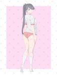  1girl ass bad_source black_eyes black_hair buruma closed_mouth from_behind full_body gym_shirt gym_uniform hair_ribbon highres houshou_(kancolle) kantai_collection long_hair looking_at_viewer looking_back no_shoes paid_reward_available ponytail red_buruma ribbon shirt solo standing thighhighs white_ribbon white_shirt white_thighhighs yuichi_(sp_sakura_yoshi) 