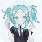  1other alternate_hairstyle aqua_eyes aqua_hair black_jacket black_necktie commentary gem_uniform_(houseki_no_kuni) grid_background haino_0920 highres houseki_no_kuni jacket necktie open_mouth other_focus phosphophyllite puffy_short_sleeves puffy_sleeves shirt short_sleeves short_twintails translucent_hair twintails upper_body white_shirt 