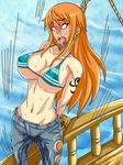  1girl artist_request asphyxiation bakushi_(guroya) bikini breasts brown_eyes cleavage death denim execution female hanged hanging imminent_death jeans long_hair nami nami_(one_piece) one_piece orange_hair pants peeing rolling_eyes rope solo source_request swimsuit 