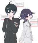  2boys ahoge black_hair black_jacket black_pants danganronpa_(series) danganronpa_v3:_killing_harmony from_side grey_jacket grey_pants grin hand_up highres jacket male_focus multiple_boys oma_kokichi pants pote_(pote_39) purple_hair saihara_shuichi short_hair smile striped_clothes striped_jacket striped_pants teeth thinking translation_request white_background 