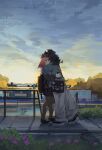  2girls absurdres bag black_bag black_pantyhose brown_hair couple flower highres hug long_hair multiple_girls original outdoors pantyhose road shirt shoes short_hair shoulder_bag skirt sneakers street sweater t-shirt togekk0 torn_clothes torn_pantyhose water yuri 