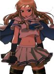  1girl angry arms_at_sides black_gloves black_thighhighs blue_eyes blue_neckerchief braid brown_hair cape cowboy_shot cropped_shirt fingerless_gloves floating_clothes floating_hair gloves highres idol_heroes_(idolmaster) idolmaster idolmaster_million_live! kousaka_umi long_hair looking_at_viewer midriff mighty_sailor miniskirt navel neckerchief open_mouth pleated_skirt school_uniform serafuku shirt short_sleeves simple_background skirt solo standing tarako_oniyon thighhighs twin_braids white_background white_cape white_shirt white_skirt 