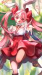  58_(scbaby) absurdres animal_ears blurry blurry_background boots breasts brown_boots cleavage detached_sleeves di_gi_charat dice_hair_ornament dress fake_animal_ears hair_ornament highres large_breasts looking_at_viewer open_mouth pink_dress pink_hair rabbit_ears red_eyes spring_(season) standing standing_on_one_leg twintails usada_hikaru wide_sleeves 