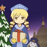  blonde_hair box christmas christmas_tree church coyc cross drill_hair fur_hat gift gift_box hammer_and_sickle hat kyubey mahou_shoujo_madoka_magica present tomoe_mami ushanka yellow_eyes 