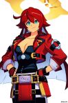  1girl artist_name belt belt_buckle black_gloves breasts buckle cleavage collarbone colored_inner_hair cosplay fingerless_gloves gloves green_eyes guilty_gear guilty_gear_strive hair_between_eyes halo hands_on_own_hips highres jack-o&#039;_valentine jacket large_breasts long_hair multicolored_hair multiple_belts pants red_hair red_jacket smgold smile sol_badguy sol_badguy_(cosplay) solo spiked_halo very_long_hair white_hair white_pants 
