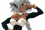  aisha_clanclan animal_ears bell bell_collar blue_eyes bracelet braid circlet collar dark_skin edit edited fangs green_eyes hair_ornament jewelry jingle_bell long_hair outlaw_star photoshop pointy_ears single_braid slit_pupils smile solo tattoo white_hair 