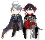  2boys :&gt; absurdres argyle_clothes argyle_sweater_vest between_legs black_coat black_eyes black_gloves black_hair black_pants black_shoes brown_pants brown_shoes checkered_necktie chest_belt chibi cloak coat collared_shirt colored_inner_hair curly_hair dante_alighieri_(fate) dante_alighieri_(second_ascension)_(fate) fate/grand_order fate_(series) frill_inferno gloves green_necktie grey_cloak grey_hair hand_between_legs hands_on_own_knee highres hood hood_down hooded_coat james_moriarty_(ruler)_(fate) james_moriarty_(ruler)_(first_ascension)_(fate) layered_sleeves lightning_ahoge long_sleeves looking_at_viewer medium_hair multicolored_hair multiple_boys necktie open_clothes open_coat own_hands_together pants parted_lips patterned_clothing pinstripe_pants pinstripe_pattern purple_sweater_vest puzzle_piece_print red_hair red_shirt rope_belt shirt shoes short_hair simple_background sitting sweater_vest tassel torn_cloak torn_clothes torn_coat torn_shirt two-tone_hair white_background white_shirt 