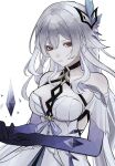  1girl bare_shoulders breasts bug butterfly butterfly_hair_ornament closed_mouth detached_sleeves dress genshin_impact gloves grey_hair hair_between_eyes hair_ornament highres long_hair looking_at_viewer red_eyes shirayuki_(shi_rayu_ki) simple_background skirk_(genshin_impact) solo upper_body very_long_hair white_background white_dress 