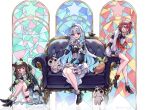  3girls ange_katrina animal animal_ears ankle_boots arm_support asymmetrical_footwear banken_(inui_toko) bare_legs black_boots black_shirt black_skirt blue_eyes blue_hair blunt_bangs blush boots braid brown_hair clothed_animal color-coded colored_inner_hair commentary_request couch creature dog_ears fold-over_boots frilled_skirt frills gold_trim hair_intakes half_up_braid hand_up heterochromia high_heel_boots high_heels idol_clothes index_finger_raised inui_toko inward_v knees_up layered_shirt layered_skirt lize_helesta long_hair long_sidelocks long_sleeves looking_at_viewer low_twin_braids mandragora mandragora_(ange_katrina) medium_hair midriff miniskirt mismatched_footwear monocle multicolored_hair multiple_girls nijisanji nijisanji_idol_uniform no_gloves no_tail on_couch one_eye_closed open_mouth purple_eyes red_eyes red_hair ruru_yui_joji sanbaka_(nijisanji) sebastian_piyodore shirt sidelocks silver_tiara sitting skirt sleeve_cuffs smile stained_glass streaked_hair suit thigh_strap twin_braids twitter_username two-tone_hair v very_long_hair virtual_youtuber white_hair white_shirt white_skirt yellow_eyes 