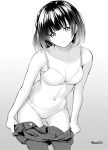  1girl absurdres bashosho blush bra breasts cleavage clothes_pull collarbone commentary_request highres lace-trimmed_bra lace-trimmed_panties lace_trim leaning_forward linea_alba looking_at_viewer mole mole_under_mouth monochrome navel original panties pants pants_pull solo twitter_username underwear 