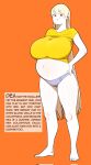  1girl bare_legs barefoot blue_panties breasts colored_skin commentary corrupted_twitter_file crop_top cropped_shirt dea_(ibnu_rusydi) english_commentary english_text full_body highres huge_breasts ibnu_rusydi long_hair navel orange_background original panties pregnant red_eyes shirt short_sleeves simple_background smile solo standing thick_eyebrows toes underwear vampire very_long_hair white_skin yellow_shirt 