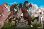 anthro anthro_on_feral asinus balls bestiality black_body black_fur black_penis blue_eyes brown_body brown_fur canid donkey equid equine erection fenn.perrox feral fur genitals grass green_eyes grey_body grey_fur group hi_res knot male male/male mammal penis pink_knot pink_penis plant rock white_body white_fur