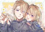  1boy 1girl :d ahoge artist_name black_jacket blonde_hair blush border braid closed_mouth collared_shirt dual_persona ear_piercing earrings fura_kanato fura_kanato_(3rd_costume) genderswap genderswap_(mtf) gold_earrings grey_shirt hair_between_eyes hand_up hashtag-only_commentary highres holding_another&#039;s_hair hug jacket jewelry kaburagi_(pnoir087) kana_(fura_kanato) linked_piercing long_hair long_sleeves looking_at_viewer multicolored_hair nijisanji open_clothes open_jacket open_mouth orange_hair outside_border parted_bangs piercing purple_eyes shirt sidelocks smile streaked_hair teeth twin_braids twitter_username upper_teeth_only virtual_youtuber watermark white_border yellow_background 