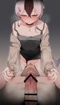  1boy 1girl absurdres bar_censor black_dress black_hair black_nails blue_archive blush breasts brown_cardigan cardigan censored clothed_female_nude_male cunnilingus dress erection female_pubic_hair half-closed_eyes hetero highres kayoko_(blue_archive) kayoko_(dress)_(blue_archive) long_hair long_sleeves multicolored_hair nipple_rub nipple_stimulation nude okurahokori oral penis precum pubic_hair purple_wings pussy red_eyes single_wing sitting_on_face sleeveless sleeveless_dress small_breasts solo_focus textless_version two-tone_hair white_hair wings 