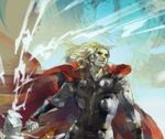  1boy blonde_hair cape hammer long_hair male male_focus marvel mjolnir red_cape scale_armor solo thor_(marvel) weapon 