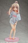  1girl absurdres ahoge bare_legs barefoot blue_shirt collarbone figure figure_(medium) full_body hair_between_eyes highres knees long_hair looking_at_viewer naked_shirt no_pants official_art onii-chan_wa_oshimai! open_mouth oversized_clothes oyama_mahiro photo_(medium) red_eyes shirt shirt_tug short_sleeves solo standing t-shirt wide_sleeves 