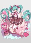  1girl :d ahoge aqua_eyes aqua_hair book bow brown_skirt cute_x_subculture_hatsune_miku_design_contest fashion frilled_skirt frills from_above hair_ribbon hashtag-only_commentary hat hatsune_miku heart heart_ahoge heart_in_eye highres holding holding_pen lolita_fashion long_hair looking_at_viewer mary_janes open_mouth overall_skirt pen perspective pink_hat red_shoes ribbon shibuki_kamone shirt shoes skirt smile solo sweet_lolita symbol_in_eye thighhighs twintails very_long_hair vocaloid white_shirt white_thighhighs 