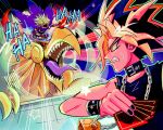  black_hair black_nails black_tank_top blonde_hair bracelet cape card chain clenched_teeth collar dragon eye_of_horus highres holding holding_card jewelry koutone9 laughing millennium_puzzle multicolored_hair non-humanoid_robot red_hair robot robot_dragon spiked_hair sweat tank_top teeth the_winged_dragon_of_ra tongue white_hair yami_marik yami_yugi yu-gi-oh! yu-gi-oh!_duel_monsters 