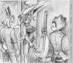 2009 anthro bathroom bodily_fluids clothed clothing clothing_lift dress dress_lift felid feline genital_fluids genitals graphite_(artwork) group herm humanoid_genitalia humanoid_penis intersex intersex/male intersex_peeing lagomorph leporid lord_foxhole male male/male mammal omorashi peeing penis procyonid public_restroom rabbit raccoon surprised_expression toilet traditional_media_(artwork) trio urinal urine watermark watersports
