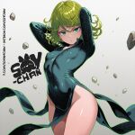  1girl artist_logo breasts cleft_of_venus cowboy_shot curly_hair dress green_dress green_eyes green_hair logo no_panties one-punch_man pelvic_curtain pussy pussy_peek short_hair skin_tight small_breasts solo soyiamchan tatsumaki thighs 