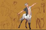  1boy abs baxter_ward black_hair black_shirt centaur full_body gradient_skin male_focus monarch_chimera multicolored_hair multiple_views open_clothes open_shirt our_life our_life:_beginnings_and_always outstretched_arms pectoral_cleavage pectorals shirt short_hair sketch_inset smile taur two-tone_shirt unbuttoned white_hair white_shirt yellow_background 